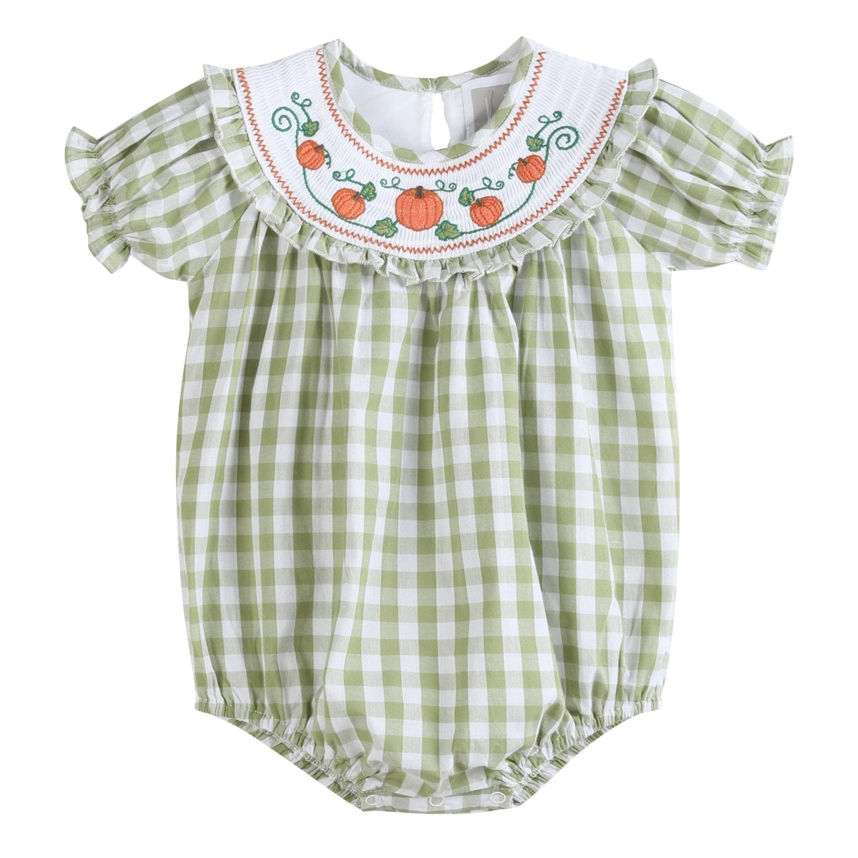 Sage Green Gingham Pumpkin Smocked Romper