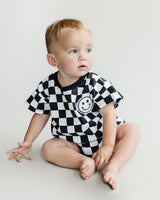 Short Sleeve Bubble Romper | Checkered Smiley Black - HoneyBug 