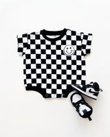 Short Sleeve Bubble Romper | Checkered Smiley Black - HoneyBug 