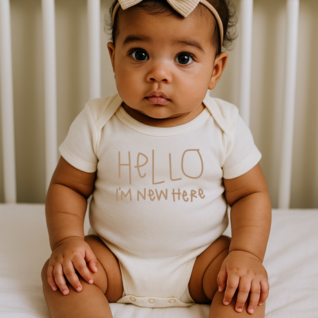 Hello I'm New Here Clay Organic Cotton Baby Bodysuit Short Sleeve