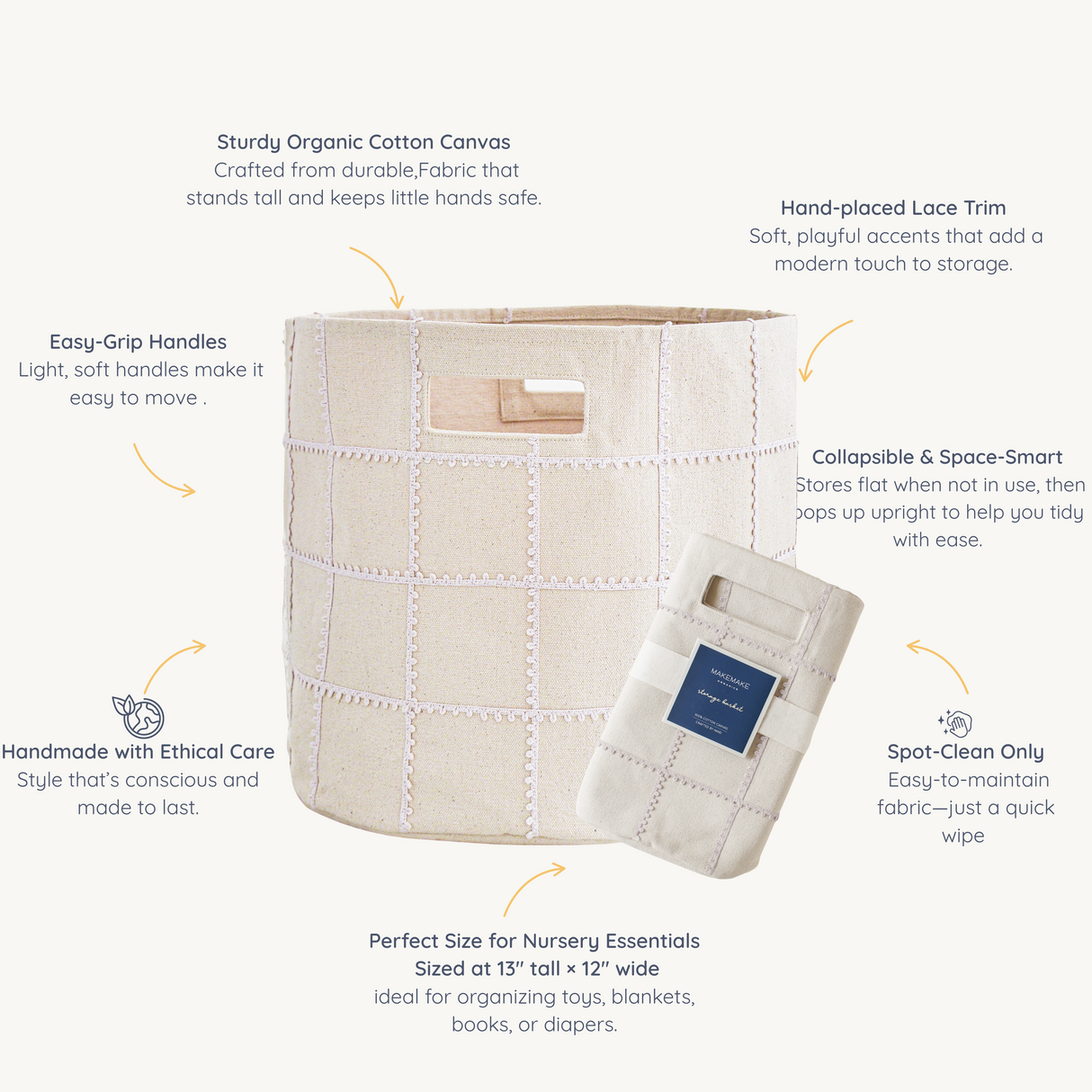 Handmade Canvas Storage Basket Lace - Taupe