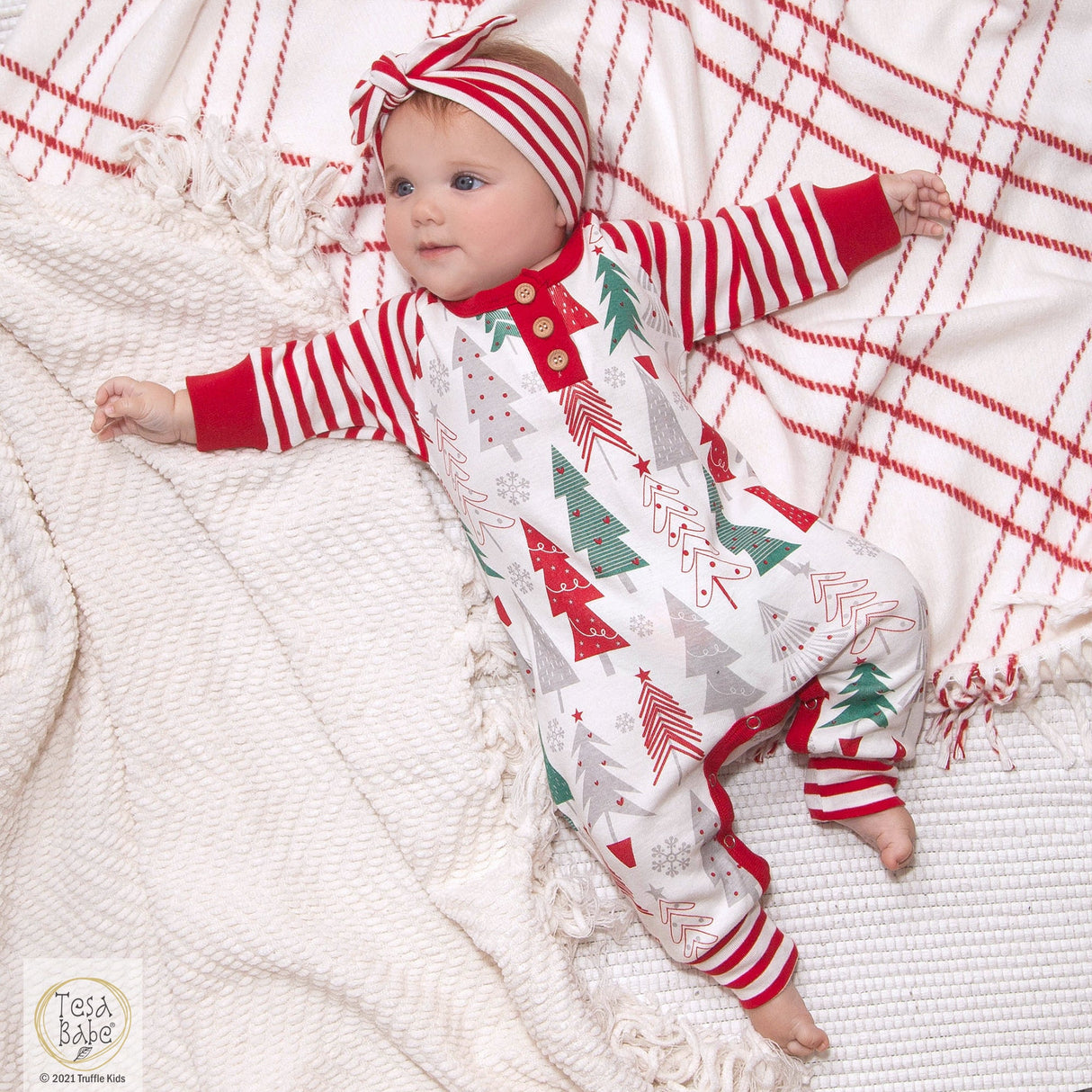 Christmas Trees Henley Cotton Romper - HoneyBug 