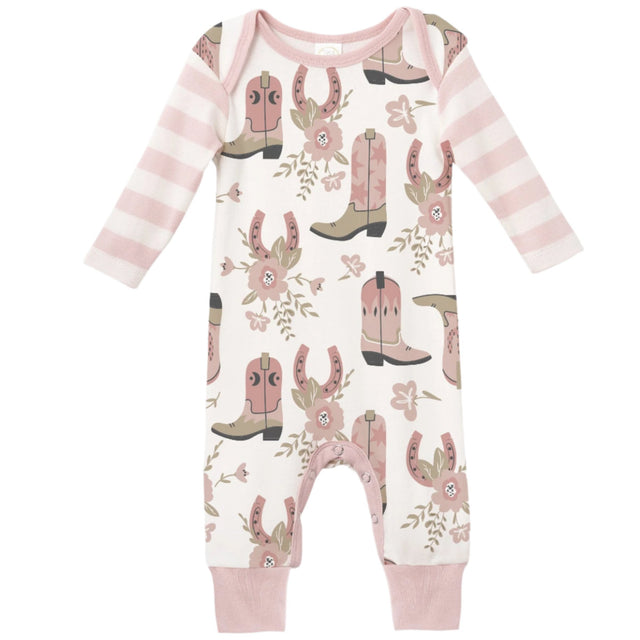 Cowgirl Boots Bamboo Romper w/Pink Stripe Sleeves - HoneyBug 