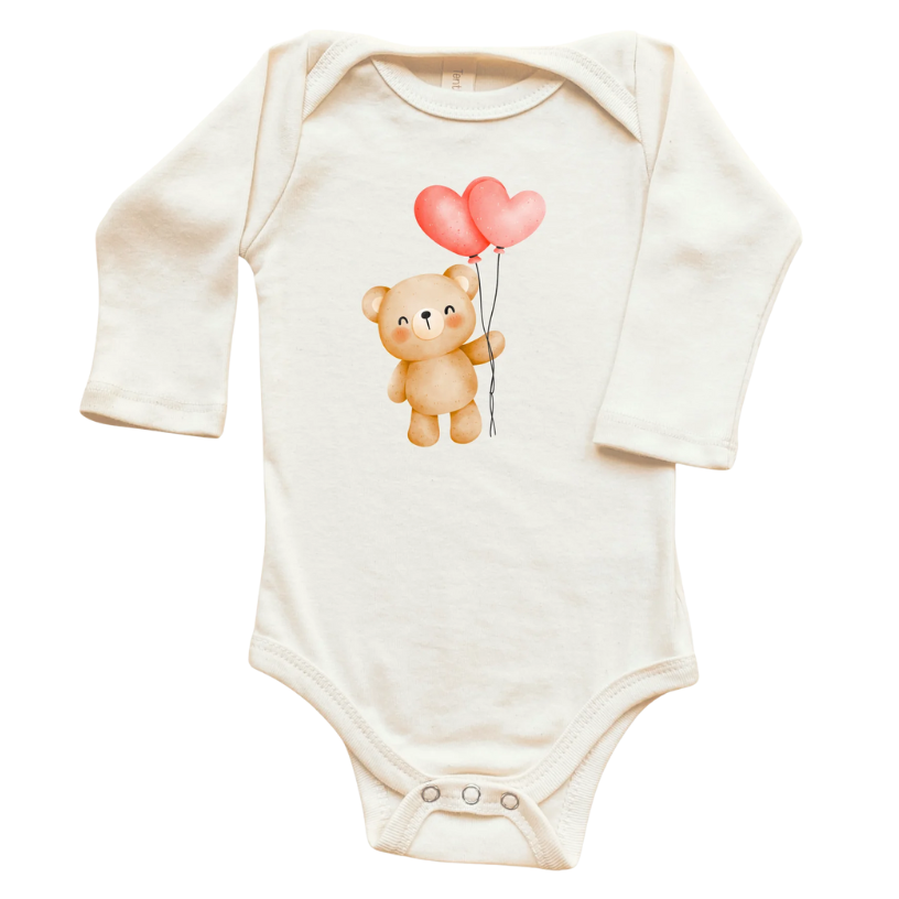 Heart Balloon Bear Organic Baby Bodysuit Long Sleeve