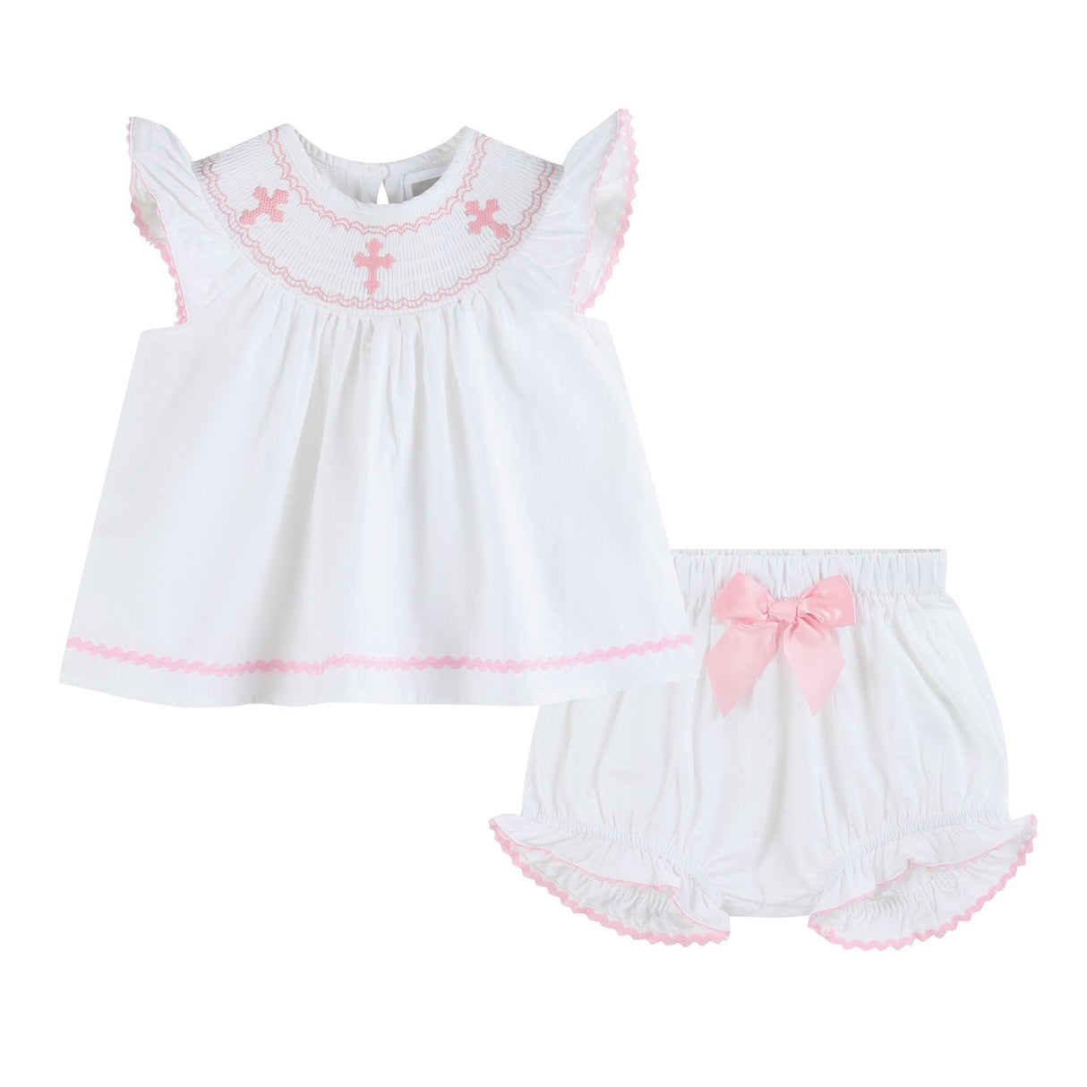 White and Pink Cross Smocked Dress and Bloomer Set