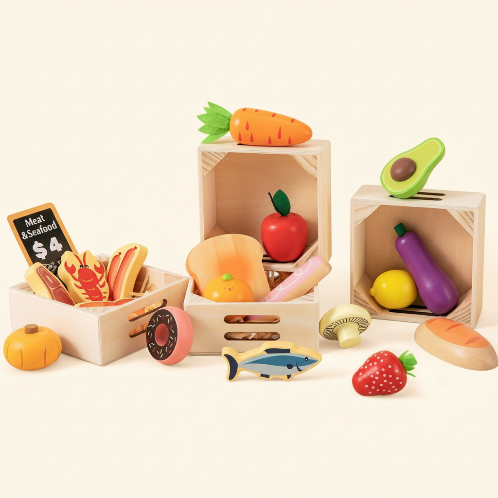 Tiny Land® Play Kitchen Accessories – Wooden Play Food for Play Kitchen: Pretend Cooking Set for Kids