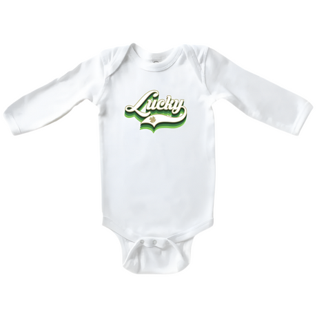 Lucky Script | Long-Sleeve Baby Onesie - White - HoneyBug 