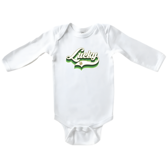 Lucky Script | Long-Sleeve Baby Onesie - White - HoneyBug 
