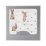 Powder Pink Bunnies and Periwinkle Diamond Polka Dot Bamboo Newcastle Blanket - HoneyBug 