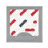 Blue and Red Fire Trucks Hooded Towel and Washcloth Set - HoneyBug 