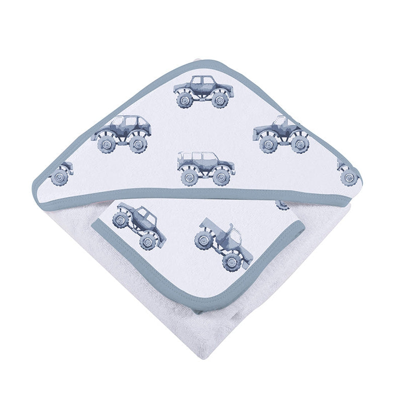 Indigo Monster Trucks Cotton Hooded Towel and Washcloth Set - HoneyBug 