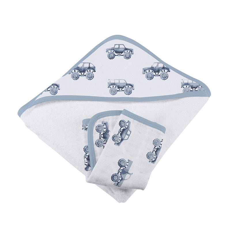 Indigo Monster Trucks Cotton Hooded Towel and Washcloth Set - HoneyBug 