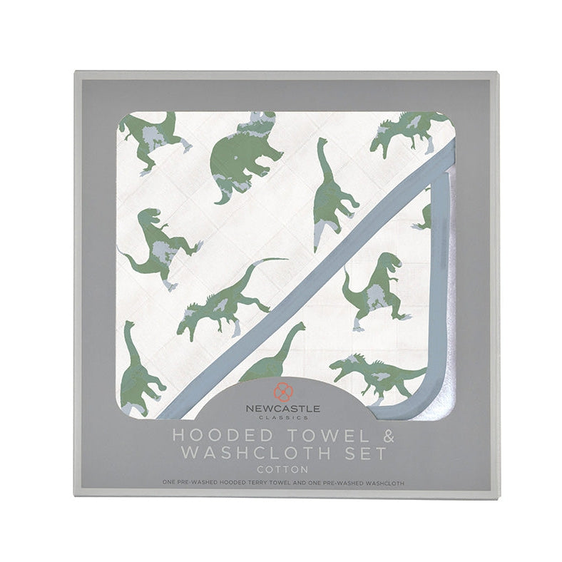 Granite Green Dinosaurs Cotton Hooded Towel and Washcloth Set - HoneyBug 