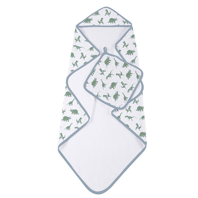 Granite Green Dinosaurs Cotton Hooded Towel and Washcloth Set - HoneyBug 