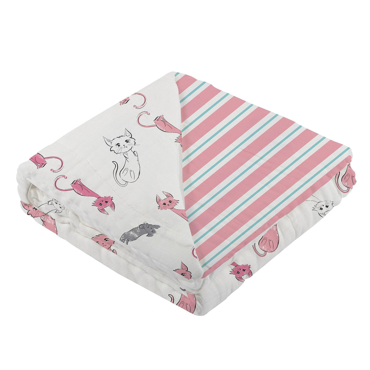 Playful Kitty and Candy Stripe Bamboo Muslin Newcastle Blanket - HoneyBug 