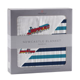 Vintage Steam Trains and Blue Stripe Bamboo Muslin Newcastle Blanket - HoneyBug 